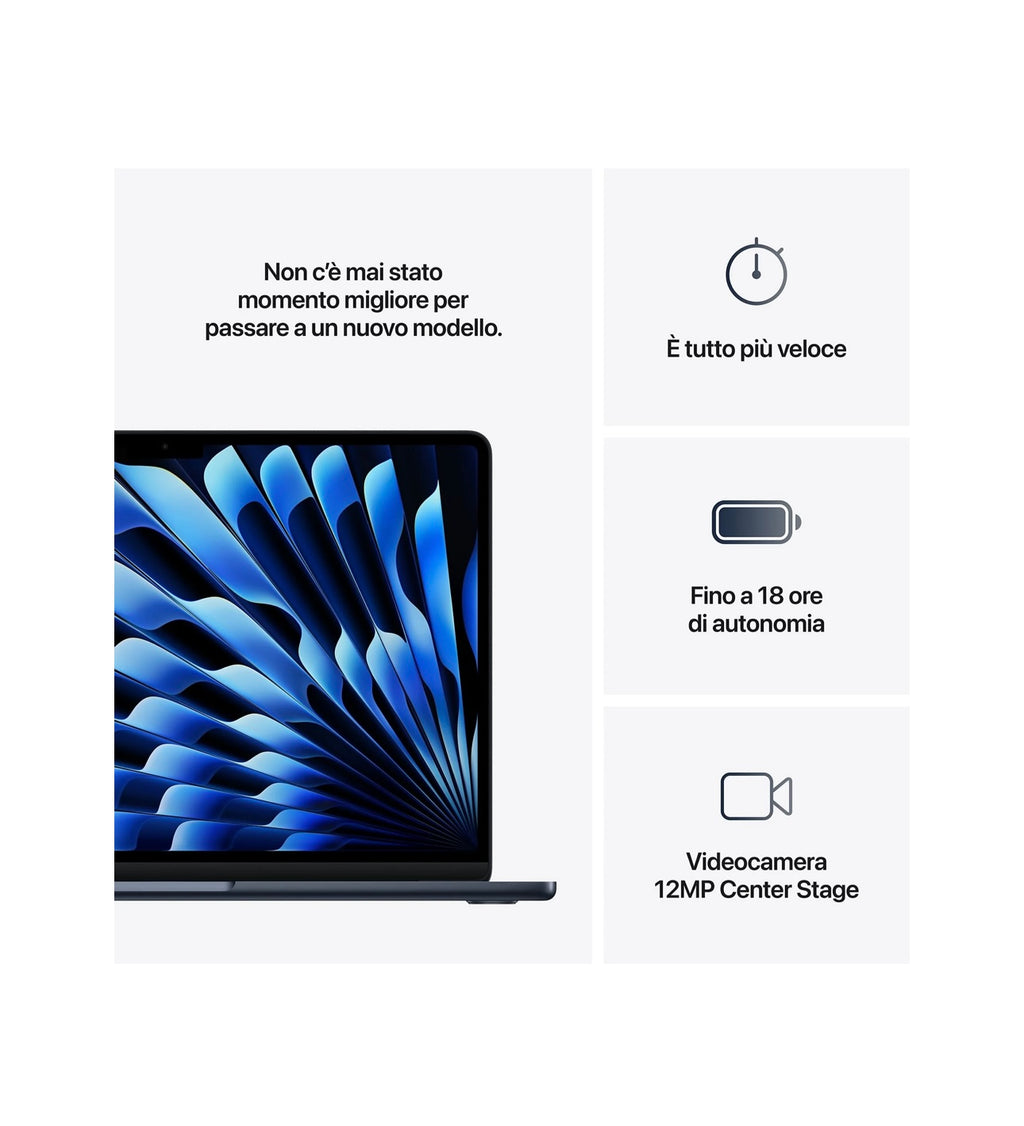 APPLE MacBook Air 13'', Chip M4, 10 CPU 8 GPU, 16GB, 256GB, Mezzanotte